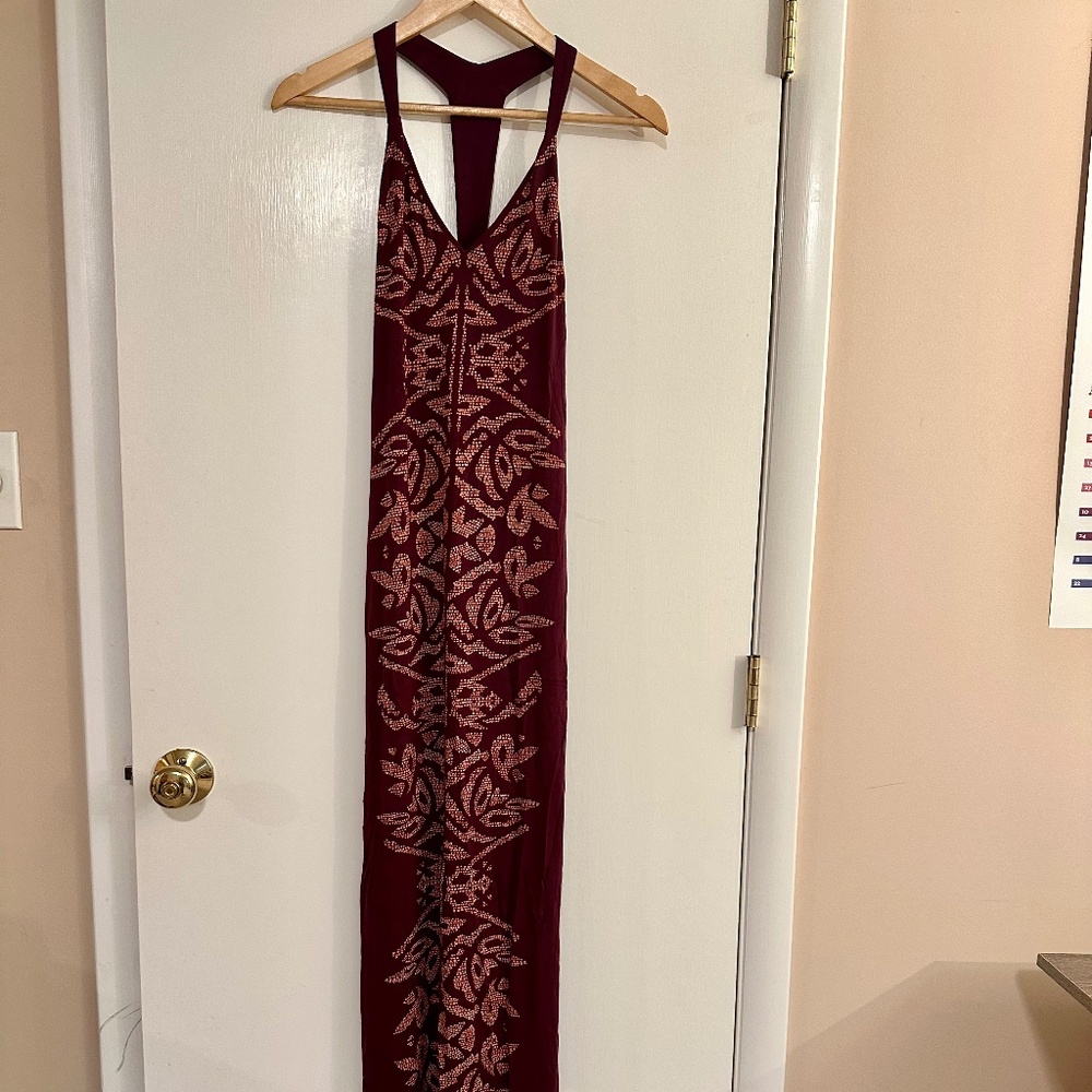 Burgundy Patterned Bohemian Fitted Dress